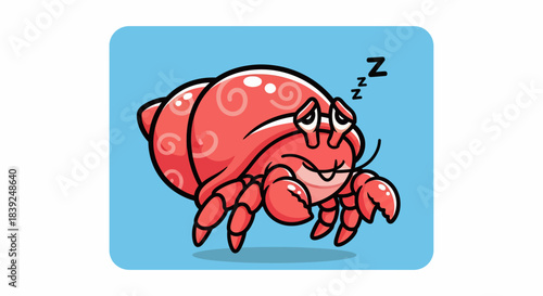Cute Sleeping Hermit Crab Cartoon Illustration.