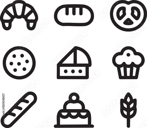 Collection of black line art icons representing various baked goods and bakery items croissant