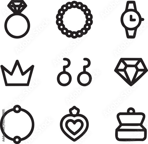 Collection of black outline jewelry and accessory icons on white background ring diamond