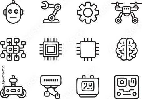 Collection of black outline icons representing technology and robotics head mechanical