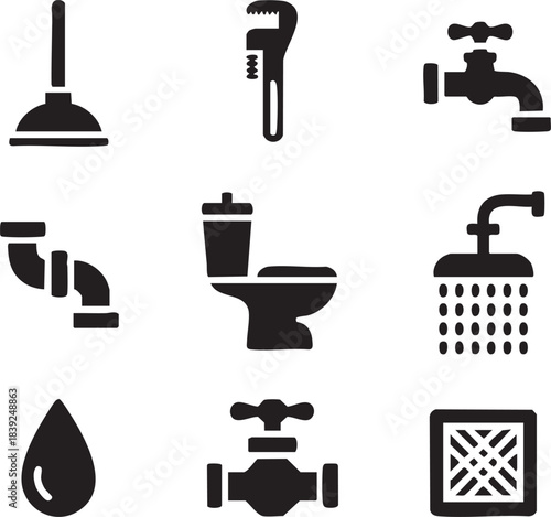 Collection of black plumbing and bathroom icons on white background vector