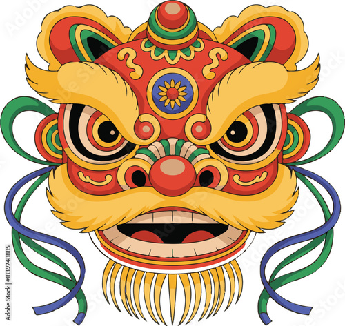 Colorful chinese new year lion dance head illustration with ribbons