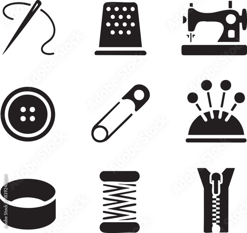 Collection of black sewing icons on white background including needle thread thimble sewing machine button safety pin pincushion ring