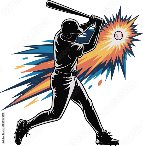 Baseball player hitting ball with bat in dynamic explosive action vector silhouette