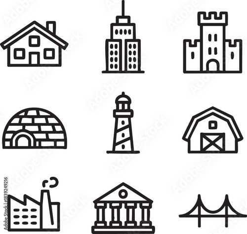 Collection of nine simple black line art building icons on white background house home