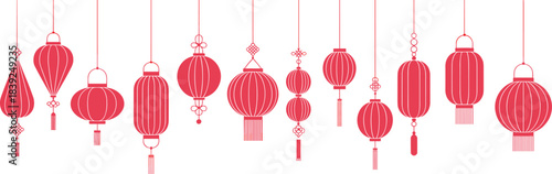Traditional red Chinese lanterns hanging in a row, festive decoration illustration for Lunar New Year celebration, cultural holiday design elements