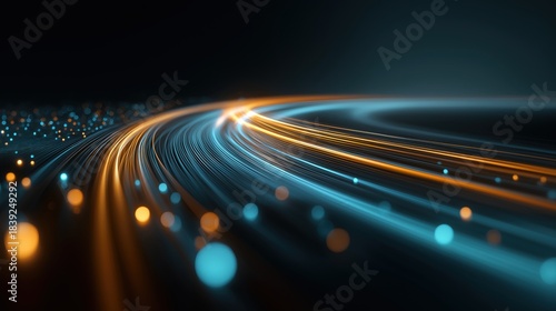 抽象的な高速データフローの背景、青とオレンジの光の軌跡