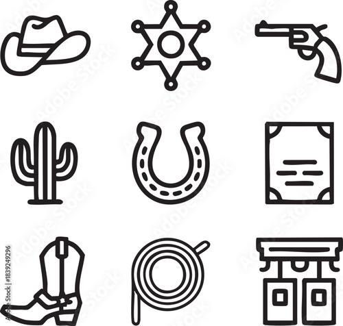 Collection of western themed icons including cowboy hat sheriff badge pistol cactus horseshoe star