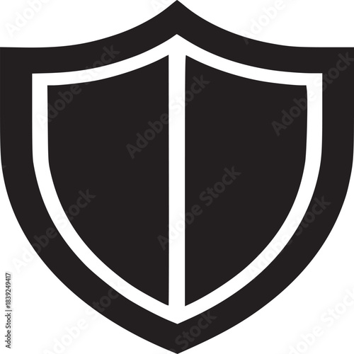 A simple black and white graphic of a shield with a thick outline on a white background plain design