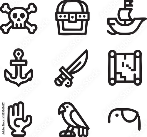 Pirate icons skull anchor ship treasure chest sword map parrot eyepatch hand crossbones