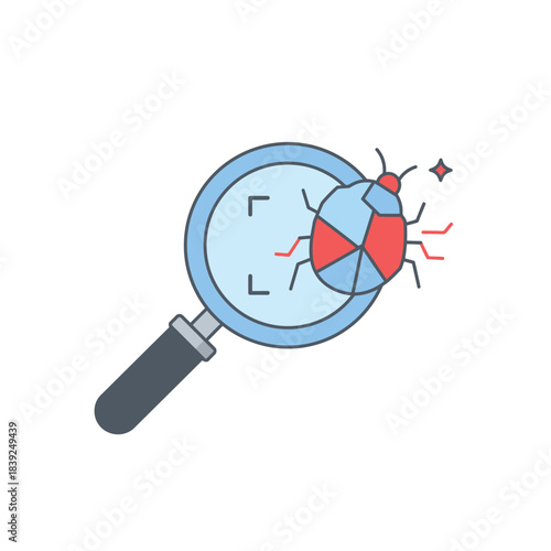 A magnifying glass meticulously examines a stylized computer bug, symbolizing the critical process of identifying and resolving software errors and system glitches.