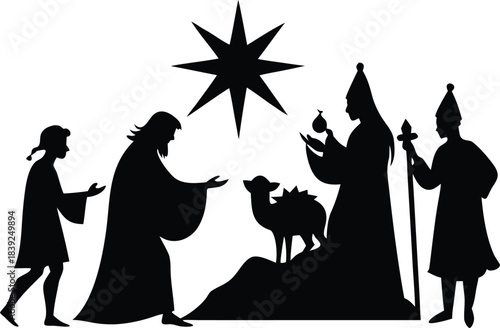 clean silhouette vector illustration birth of christ, baby Jesus reaching the Magi bear gifts, three wise kings and star of Bethlehem