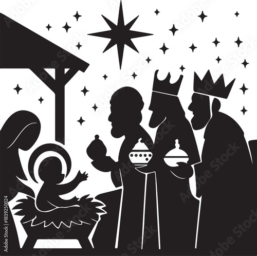 Silhouette vector illustration birth of Christ, baby Jesus reaching the Magi bear gifts, three wise kings and star of Bethlehem