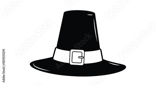 Simple black and white illustration of a traditional pilgrim hat with a buckle a symbol of the Thanksgiving holiday and harvest.