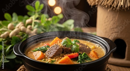 Creamy Cameroonian Mafé – Peanut Stew with Beef & Vegetables in Black Clay Pot