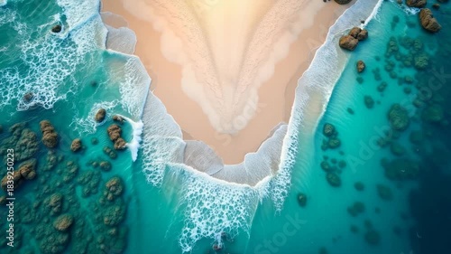 Clear view of sandy beach and ocean waves during sunset with rocky formations nearby