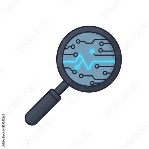 A magnifying glass with an integrated circuit board and a glowing data waveform symbolizes in-depth technological analysis and digital diagnostics.