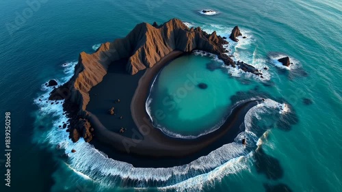 Explore a small island with rocky cliffs and clear water in the ocean under a bright sky