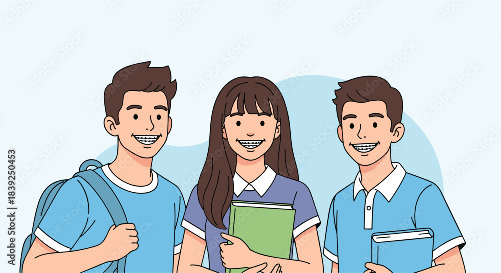 Fototapeta premium Group of three happy teenage students with dental braces are smiling together showcasing friendship and orthodontic treatment.