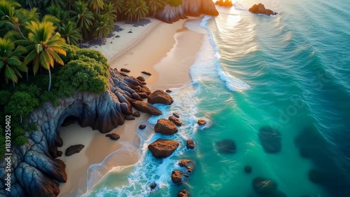 Sunset over a tropical beach with rocks and palm trees near clear water in a warm climate
