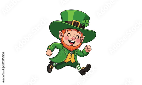 Happy Leprechaun Character Running with Clover and Pot of Gold, St