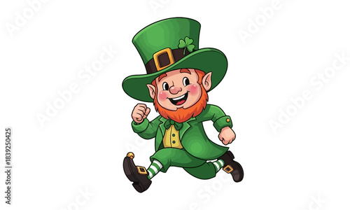Joyful leprechaun in green attire running with a shamrock on his hat, celebrating Irish culture and luck