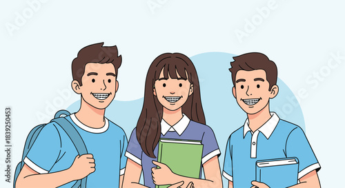 Group of three happy teenage students with dental braces are smiling together showcasing friendship and orthodontic treatment.
