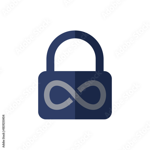 This modern flat design icon depicts a dark blue padlock with a gray infinity symbol, symbolizing robust, everlasting digital security and data protection.