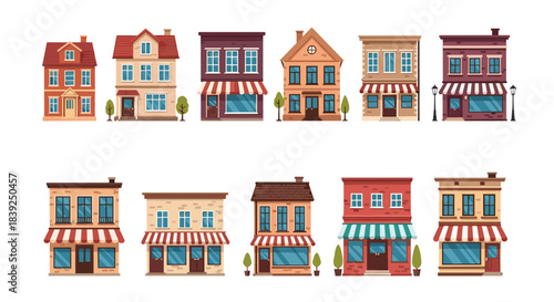 Collection of cute cartoon city and town buildings including various houses and storefronts for creating a street scene illustration.