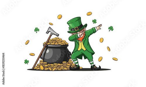 Leprechaun Dabbing by Pot of Gold with Coins and Shamrocks