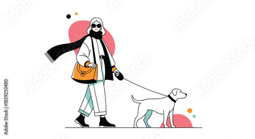 Stylish woman wearing sunglasses and a scarf walks her dog on a leash in a modern abstract line art and flat color illustration.