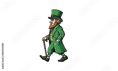 A charming leprechaun in a green suit with a hat and cane, a symbol of Irish folklore and luck