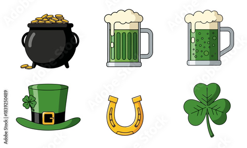 Saint Patrick's Day Icons Pot of Gold, Beer Mug, Hat, Horseshoe, and Shamrock