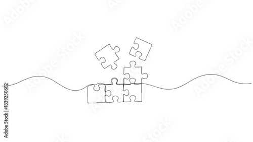 A minimalist line drawing depicts several puzzle pieces scattered and connected against a white background with a wavy line.