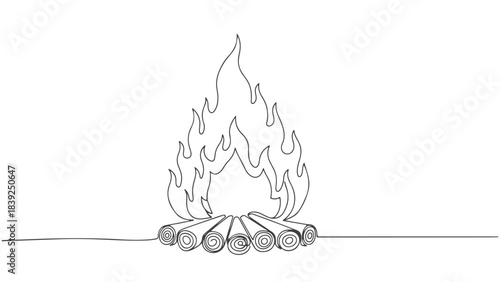 A minimalist line drawing of a campfire with logs arranged in a teepee shape and flames rising above.