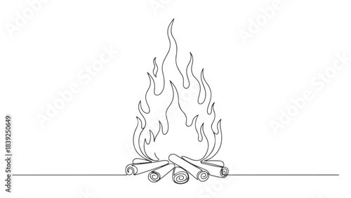 Continuous line drawing of a burning campfire with logs and flames on a white background, symbolizing warmth and outdoor recreation.