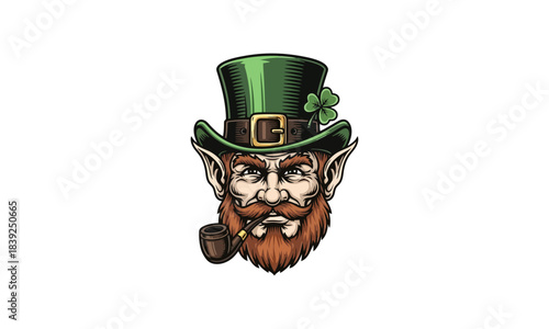 Illustration of a leprechaun's head wearing a green hat and smoking a pipe, with a shamrock on the hat