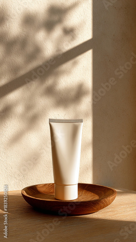 A mockup of an unbranded white tube of cream, placed on top of a wooden tray in front of a beige wall with soft sunlight and shadows casting from a window. The scene is set against a clean background,