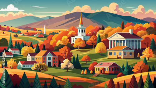Very beautiful Montpelier Vermont skyline in autumn, glowing with colorful forests, gentle hills, and warm seasonal atmosphere ideal for scenic landscape artwork.