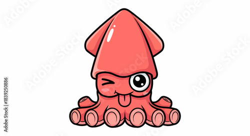 Cute cartoon squid winking with tongue out on a white background.