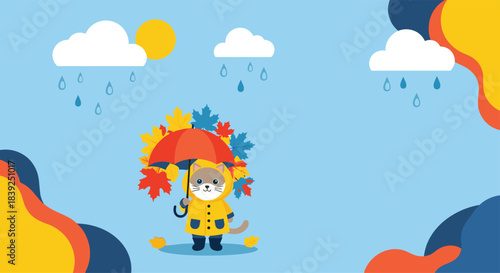 Cute cartoon cat in a yellow raincoat holds an umbrella full of autumn leaves while standing under a sun and rain cloud combo.