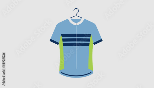 A lightweight and breathable cycling jersey draped over a hanger accentuating the fabrics texture and design.