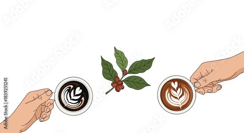 Two hands hold cups of latte art coffee with a coffee plant branch between them symbolizing a shared coffee break or meeting.