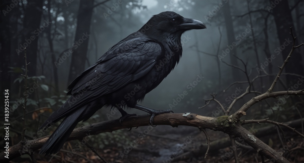 Fototapeta premium a majestic raven perched on a branch in a dark and misty forest, evoking a sense of mystery and wild nature.