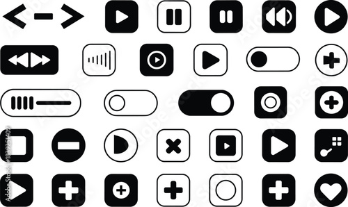 Black and white icons for media playback and controls