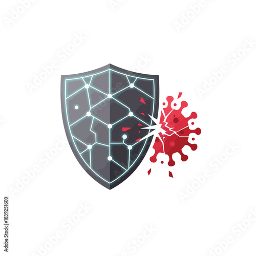 A modern, interconnected shield iconically defends against a rapidly fragmenting red virus, illustrating concepts of immunity and cybersecurity.