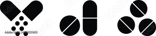 Black medical pills and capsule icons on white background