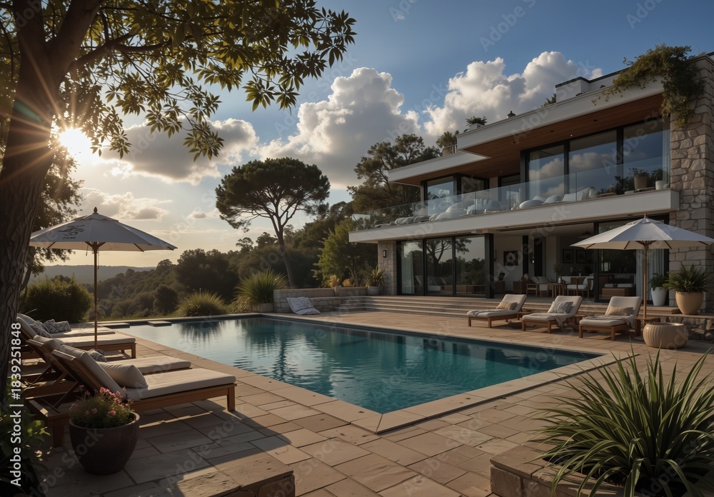 Fototapeta premium luxury modern villa with infinity pool and scenic landscape at sunset