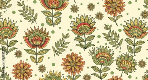 Seamless floral pattern in a folk art style with intricate orange and green flowers and leaves on a light background with dots.