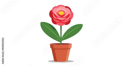 Simple and cute illustration of a single pink camellia flower with green leaves growing in a small brown terracotta pot.